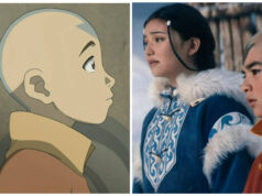 Profiles of animated Aang and Katara and Netflix version